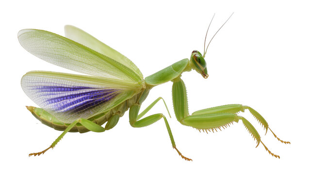 Green praying mantis with open wings showing purple stripes, isolated on transparent background