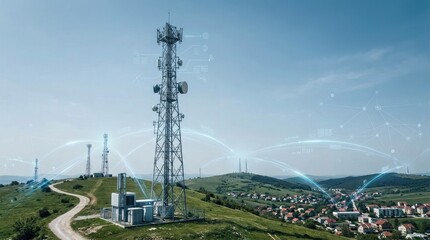 Obraz premium A tall cell tower stands prominently on a grassy hill against a bright blue sky. Several smaller cell towers are visible in the distance.