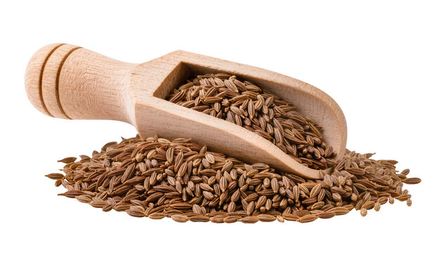 Wooden scoop filled with caraway seeds, isolated on transparent background