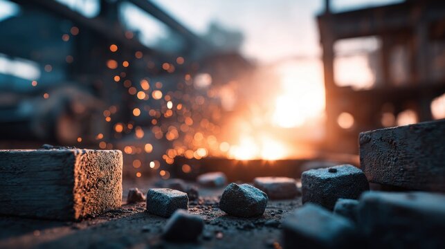 Close-up shot of molten metal and sparks in a steel mill