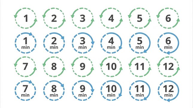 Circular countdown timers with numbers and minutes, representing time passing or task completion.