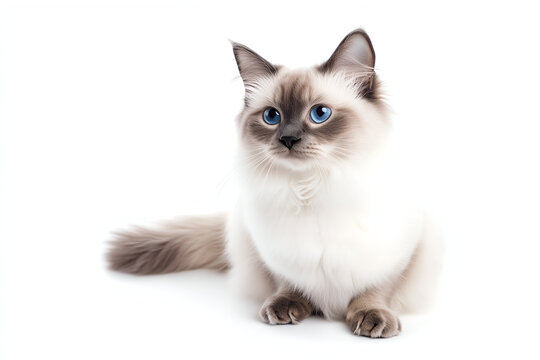 Fluffy colorpoint cat lying down and looking away isolated on a white background