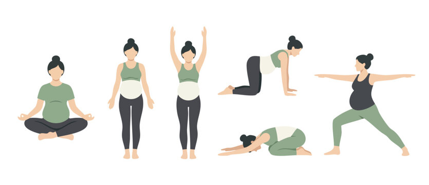 Pregnant woman yoga poses set for prenatal fitness exercise routines. Diverse vector collection showing maternity wellness, calm meditation, flexibility training, and healthy pregnancy stretching posi