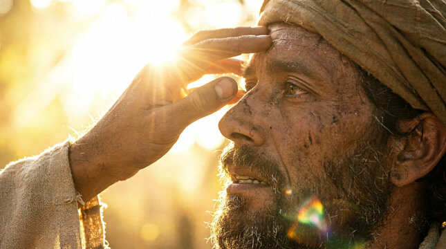 Jesus heals the blind man with golden light, radiating divine compassion and grace.