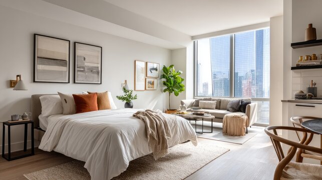 Modern, bright studio apartment with city view, bed, sofa, and art