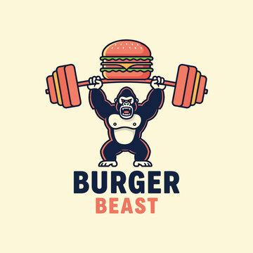 Strong Gorilla Lifting a Hamburger Barbell Logo Design.