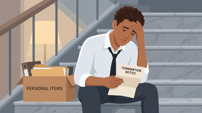 A man sits on stairs looking stressed while holding a termination notice and a box of personal items
