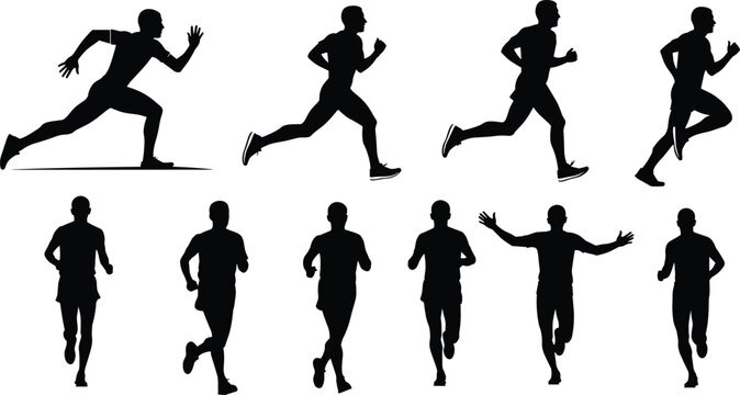 Set of running man silhouettes showing sprinting jogging and fitness activity isolated on white background for sports design