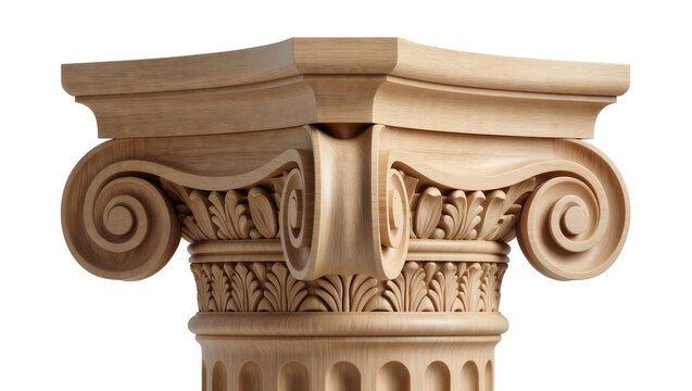 Ornate wooden Ionic column capital with detailed carvings, isolated on transparent background