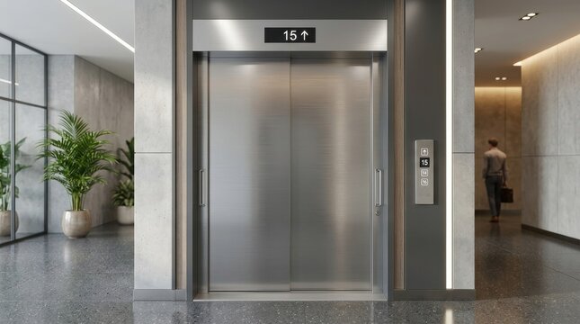 A modern elevator stands in a spacious hallway. The elevator doors are open, revealing a stainless steel interior.