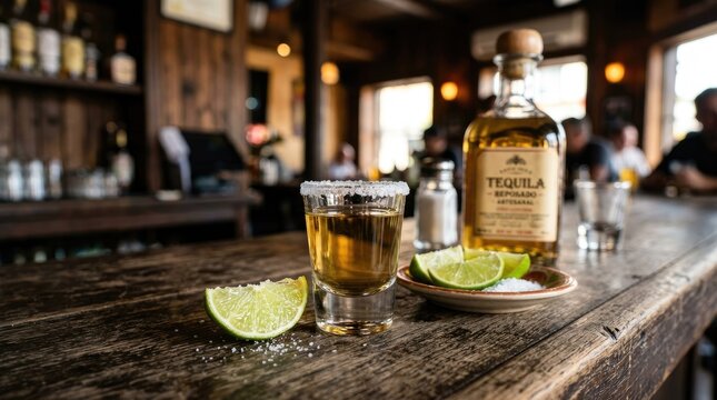 A bottle of Tequila Reposado sits on a weathered wooden bar, alongside a glass of tequila with a lime wedge and salt.