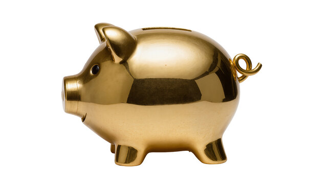 Shiny golden piggy bank with curled tail, isolated on transparent background