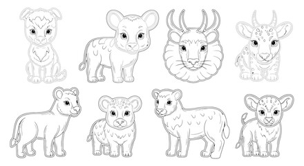 Fototapeta premium Eight cartoon lion cubs in various poses and expressions on white background