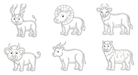 Obraz premium Six cartoon animals with horns on white background line drawings of wildlife