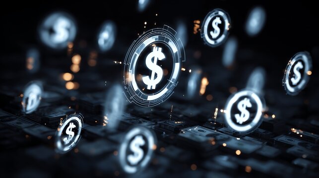 A futuristic digital representation of currency symbols floating in a tech-inspired environment, symbolizing modern finance and cryptocurrency trends in the digital economy.