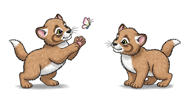 Two cute cartoon kittens play with butterfly outdoors in sunny day