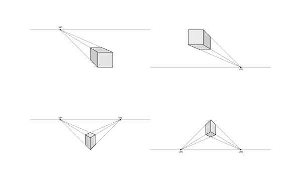Perspective drawing set showing one-point and two-point perspective with cubes and vanishing points.