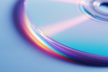Fototapeta premium Close up macro shot of a compact disc showing iridescent rainbow spectrum light reflections on its surface against a soft blue background with shallow depth of field