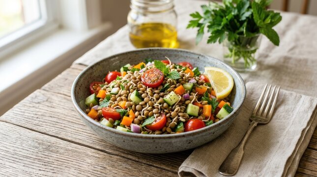 A bowl of lentil salad sits on a rustic wooden table. The salad contains lentils, diced tomatoes, carrots, cucumbers, and red onion.