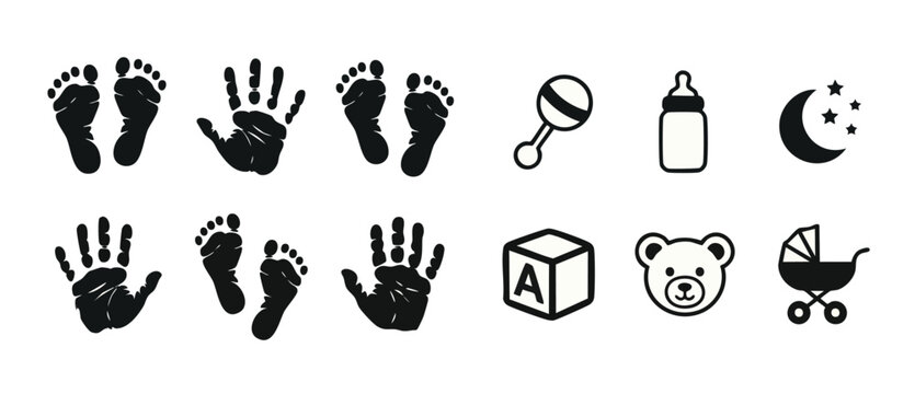 Baby Handprint Footprint Icons Set, Newborn Nursery Vector Graphic Elements, Childcare Silhouette Symbols Collection for Baby Shower Design, Parenting Concepts and Developmental Toys for Infants and K