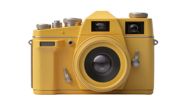 Retro yellow film camera with silver dials and levers, isolated on transparent background