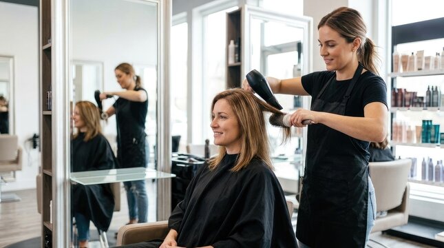 A stylist is blow-drying a woman's hair in a salon. A second woman is reflected in the mirror.