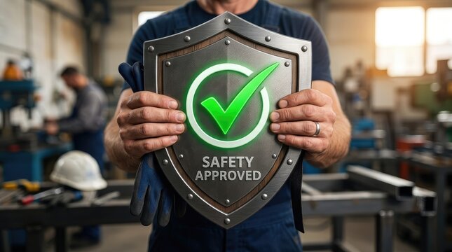 A man holds a shield displaying a green checkmark and the text "SAFETY APPROVED". He wears blue overalls and gloves.