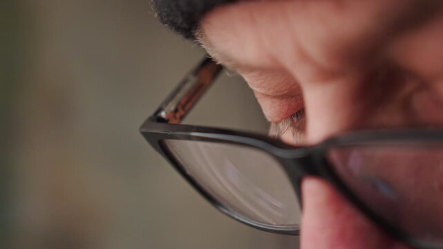 Extreme macro shot of a man's face and glasses as he concentrates on writing in a diary. The low light and tight framing emphasize intense focus, secret thoughts, and deep emotion.