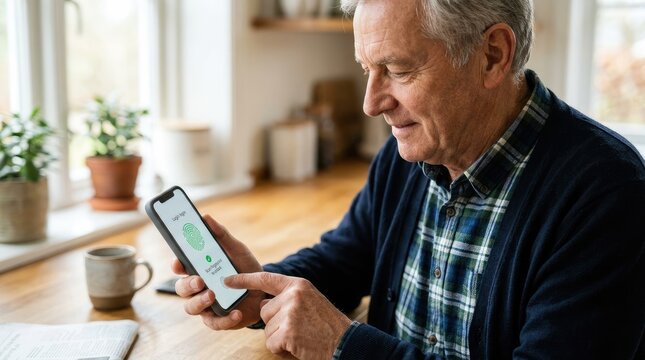 An elderly man is intently looking at a smartphone screen. He is using his finger to scan a fingerprint graphic on the device.