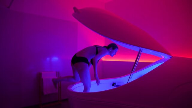 Woman stepping into a neon-lit flotation therapy pod, preparing for a relaxing hyper-saline float session in a modern wellness spa.
