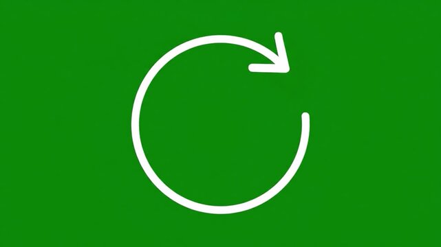Dynamic white circular refresh symbol animation against a vibrant green screen, representing reset or loop footage.
