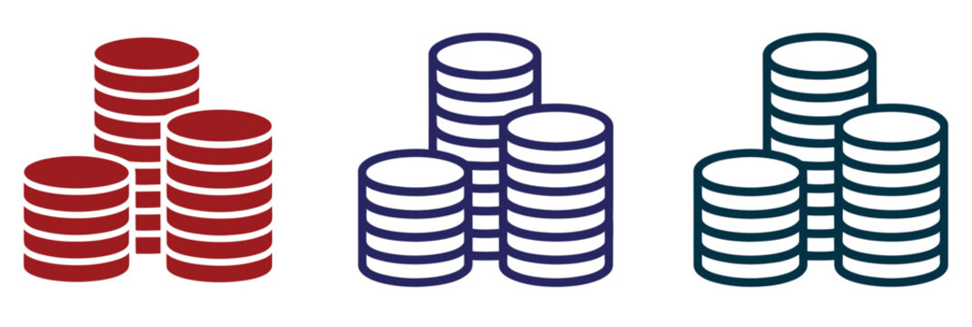 Three stacks of coins in black and white outline and solid fill variations, money finance vector illustration set for banking, investment, savings, and financial growth concepts design.
