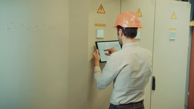 Using Digital Tablet to Monitor Electrical Control Panel. Technical Inspection of Electrical Infrastructure
