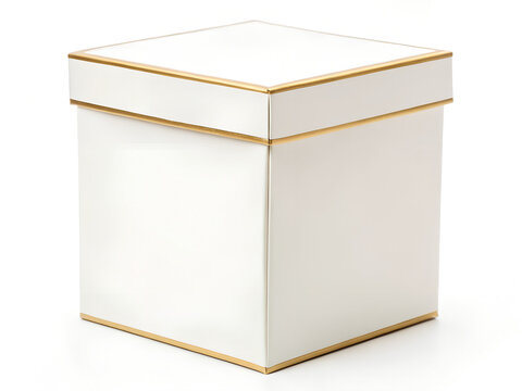 Luxury Tall White Cake Box with Gold Foil Edge Blank Mockup Isolated on White Background 3/4 View
