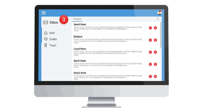 A sleek modern computer monitor displaying a digital email inbox interface with multiple unread messages and a clear notification badge.