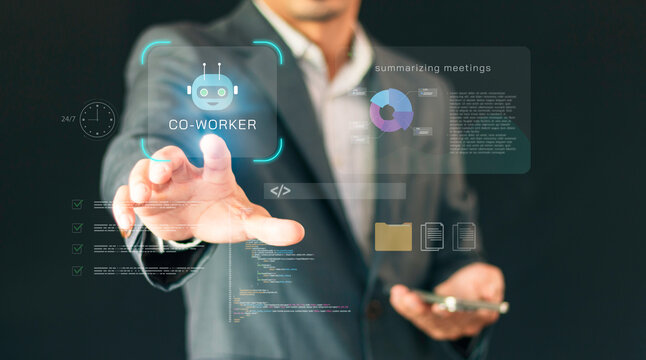 Business professional using virtual AI co-worker interface for meeting summaries and workflow automation. Concept of digital transformation, artificial intelligence assistant, and future workplace.