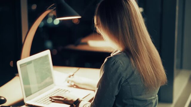 Analyzing Data on Computer Screen. Secretary Typing Business Report in Evening Interior Workspace