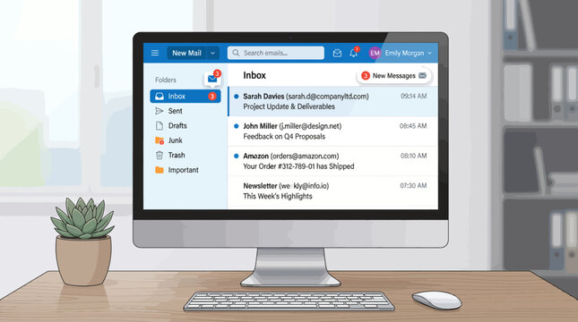 Modern desktop computer screen displaying an organized email inbox interface with multiple new incoming messages for a professional user profile