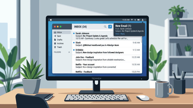 Digital computer screen displays an email inbox interface with multiple notifications and message subjects organized in a clean list format