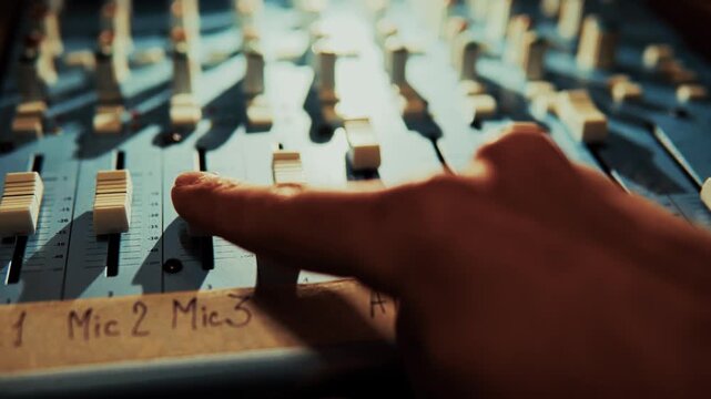 Adjusting Faders on Analog Mixing Console. Balancing Volume Levels for Recording Session