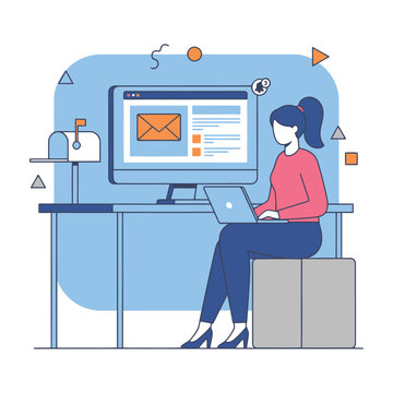woman working on laptop at desk with computer monitor