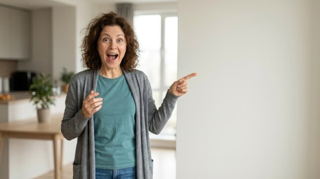 An excited woman points emphatically at a blank wall. She is wearing a gray cardigan over a teal shirt and blue jeans.