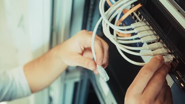 Connecting Ethernet Cables to Server Rack. Hosting Infrastructure and Internet Connectivity