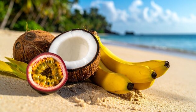 Tropical fruits on sandy beach