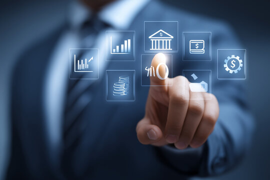 Businessman touching the corporate banking portal and financial service dashboard. Business accounts, transaction management, credit facilities and digital banking tools