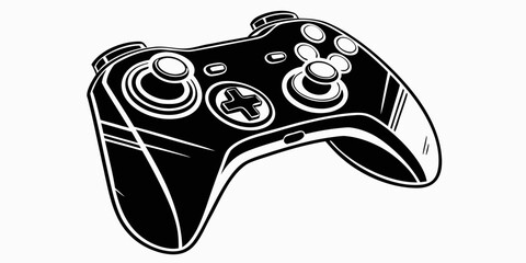 Modern gaming controller black and white graphic illustration with controller joystick videogame electronics technology entertainment interactive peripheral silhouette illustration isolated © Rabbi