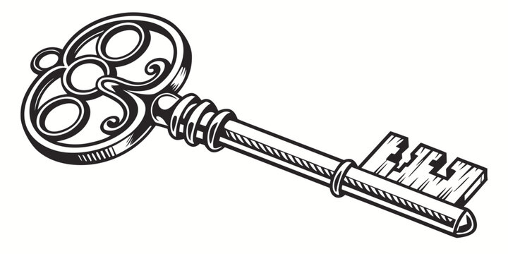 Decorative antique style key in black and white graphic design with decorative illustration skeleton security steampunk protection hardware monochrome filigree ornament ornamental detailed