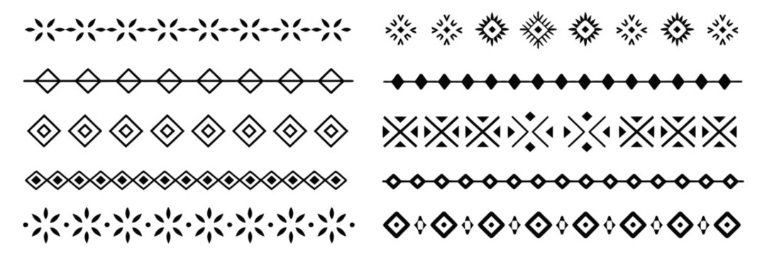 Tribal dividers, borders and delimiters, vignettes and separators with vector geometric patterns, Mayan and Aztec ethnic ornaments with triangles and rhombus, African and Mexican tribe motif 