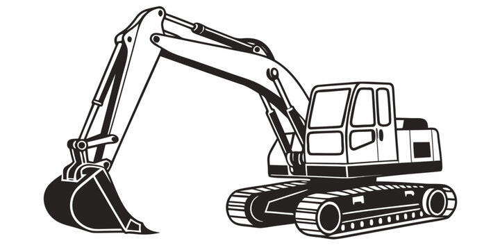 Industrial crawler excavator vector graphic black and white with excavator construction machinery equipment industrial earthmoving engineering building industry infrastructure development