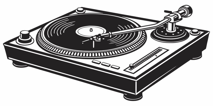Monochrome line art illustration of a professional dj turntable for vinyl records with turntable equipment phonograph illustration monochrome isolated soundboard listening entertainment